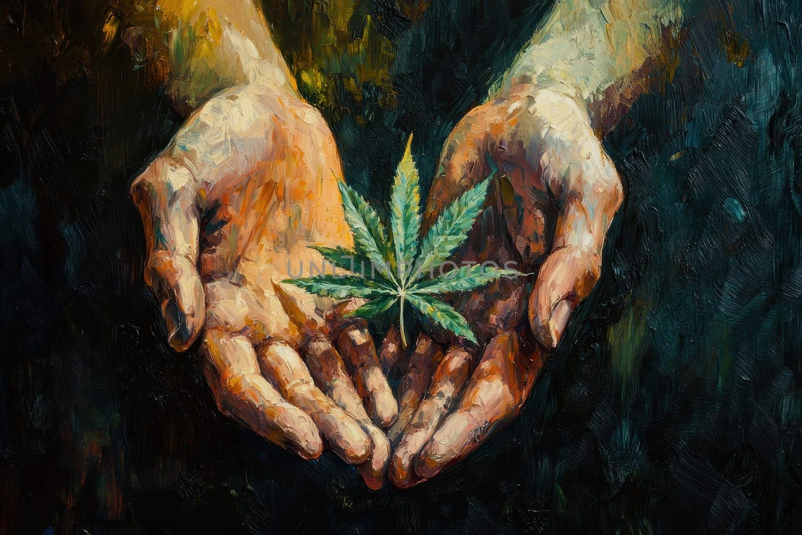 A painting of two hands holding a marijuana plant. The painting has a dark and moody atmosphere, with the two hands appearing to be holding the plant with a sense of reverence or respect