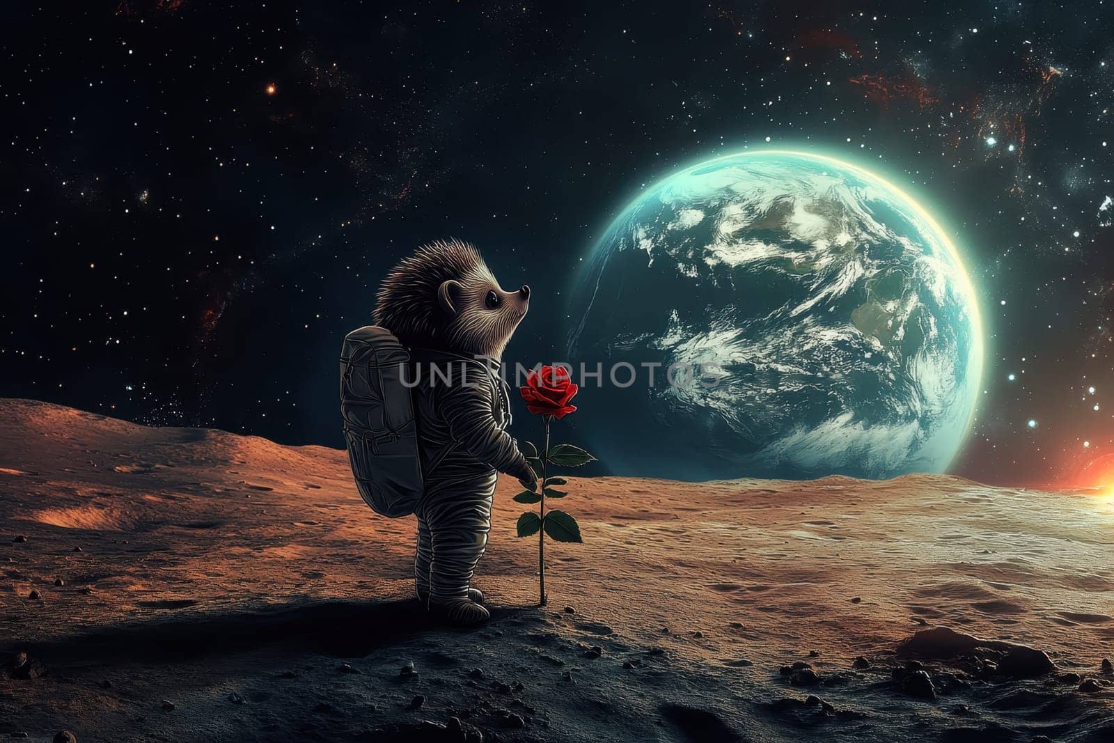 A small hedgehog is standing on a planet with a rose in its hand. The image has a whimsical and imaginative feel to it, as it combines elements of space and nature in a unique way