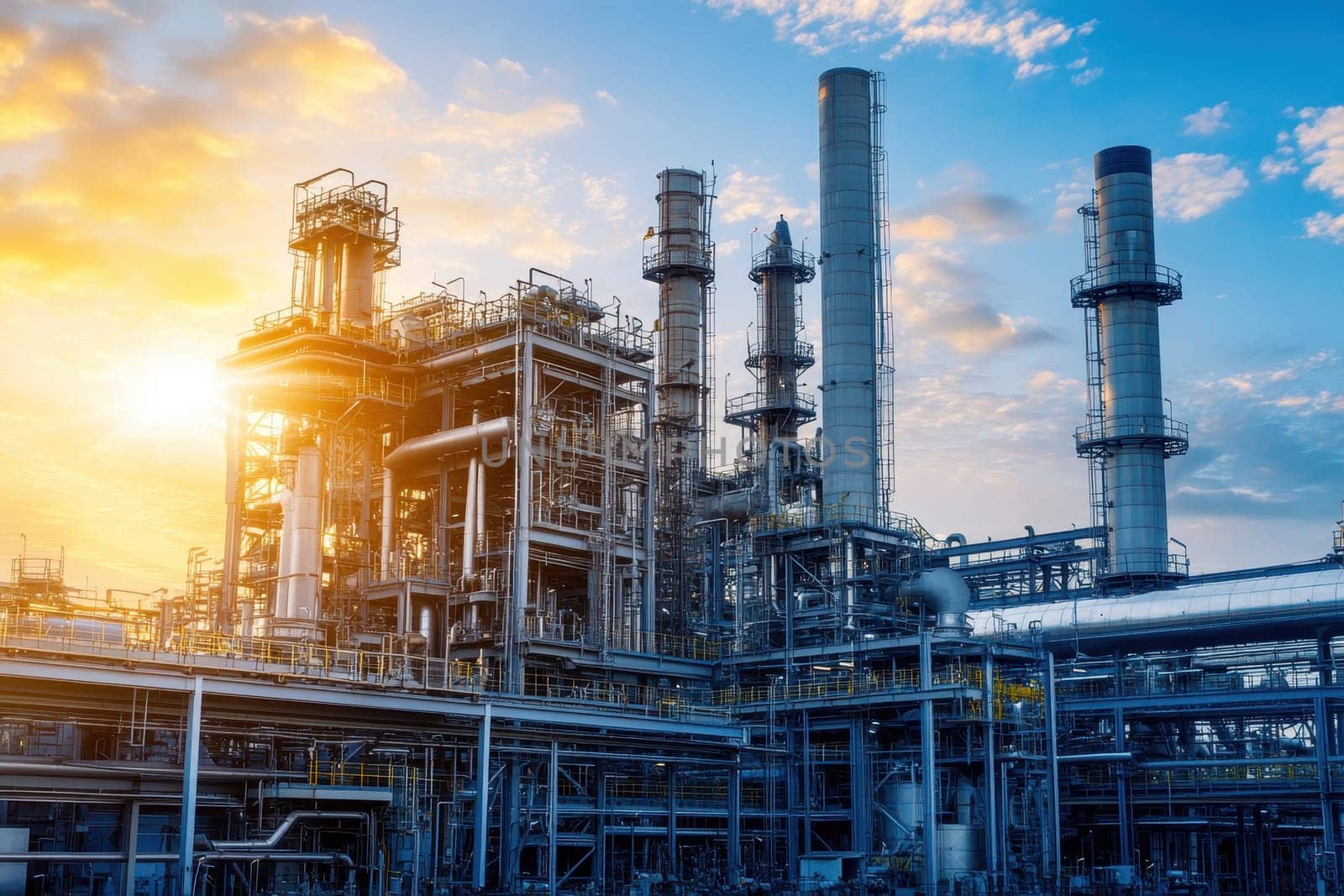 A large industrial plant with many tall smokestacks. The sky is blue with a few clouds