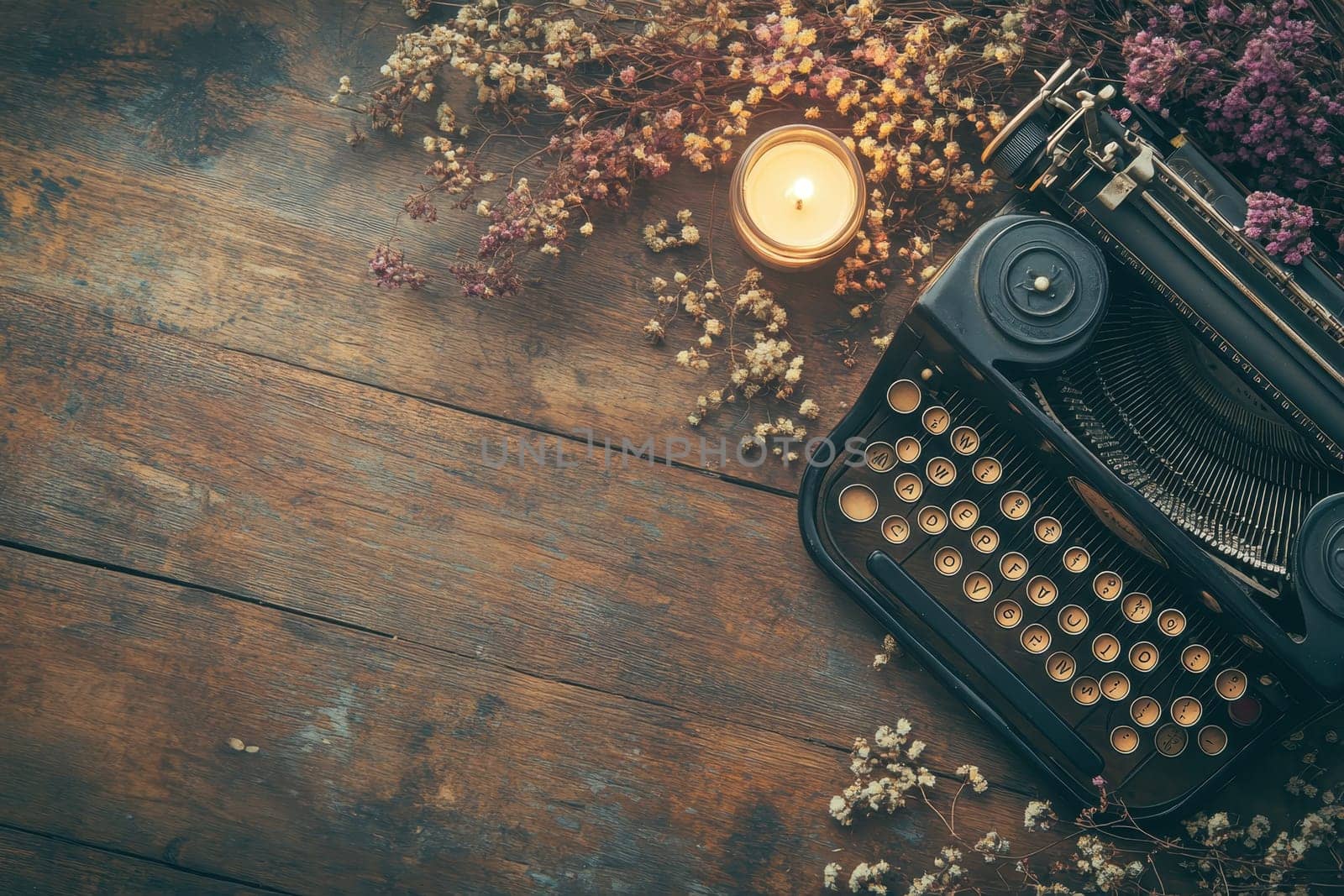 A vintage typewriter sits on a wooden table with a candle and flowers. Concept of nostalgia and warmth, as the typewriter is a symbol of a bygone era. The candle adds a soft