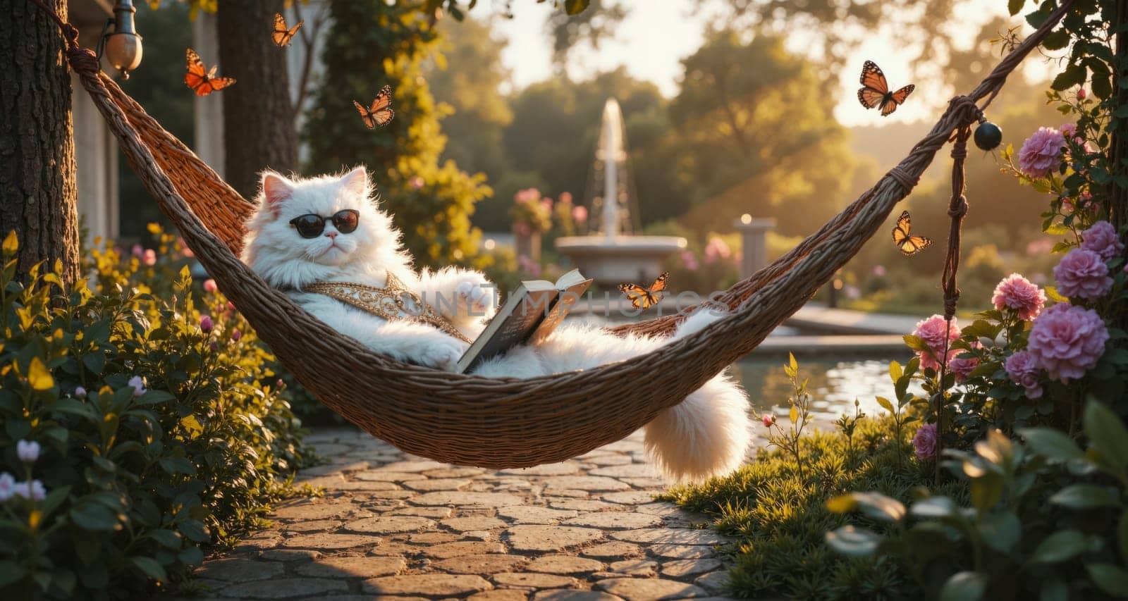 A white cat is laying in a hammock with a book in its mouth. The scene is peaceful and relaxing, with butterflies flying around the area