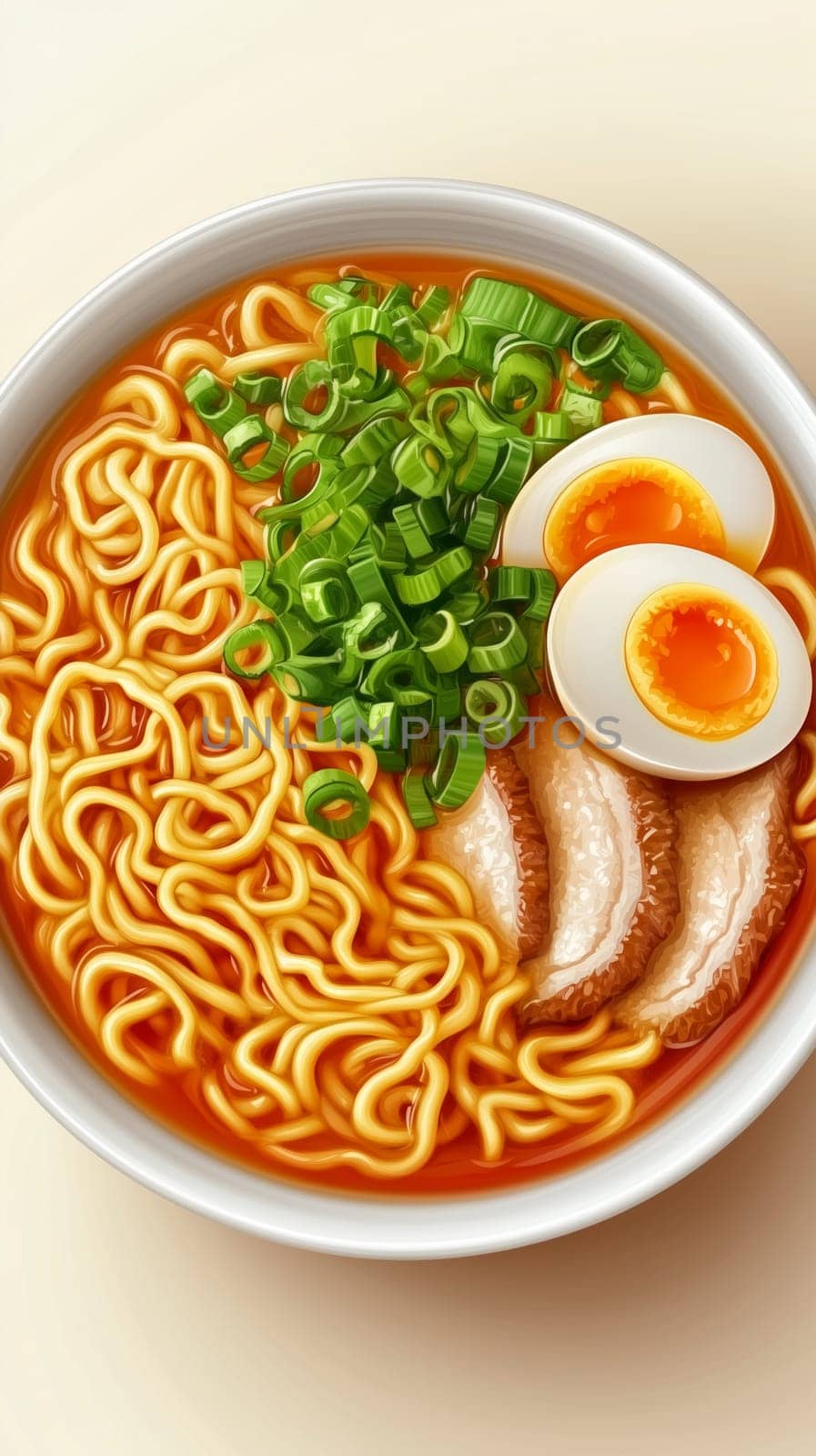 Steaming hot bowl of ramen with sliced pork, boiled eggs, and chopped green onions in a rich broth