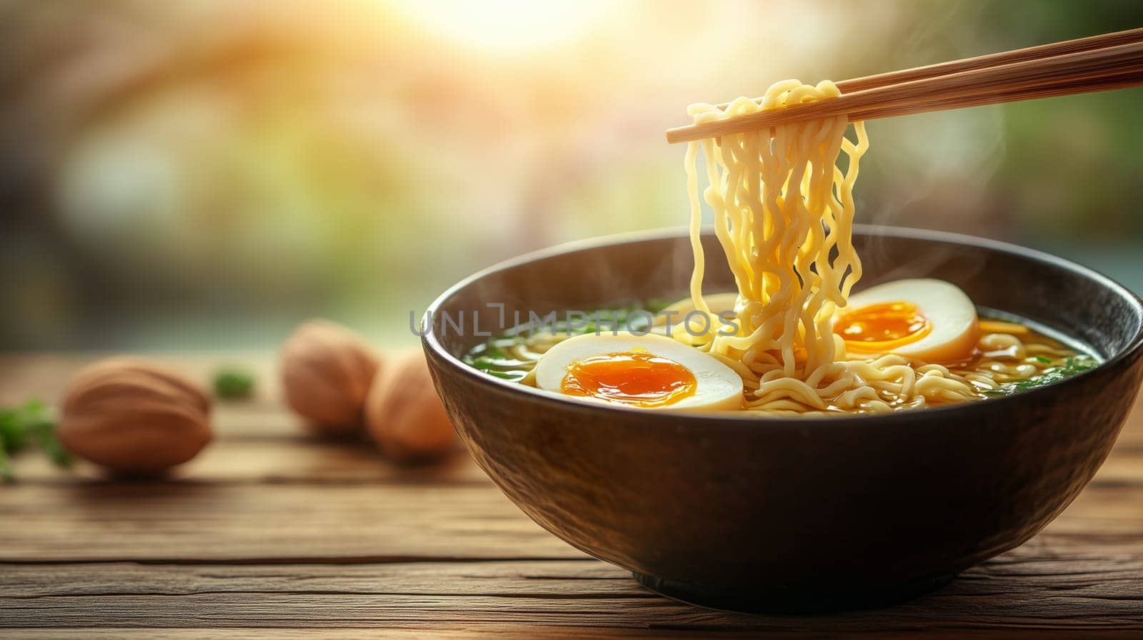 Ramen noodles are lifted with chopsticks from a steaming bowl of broth with eggs