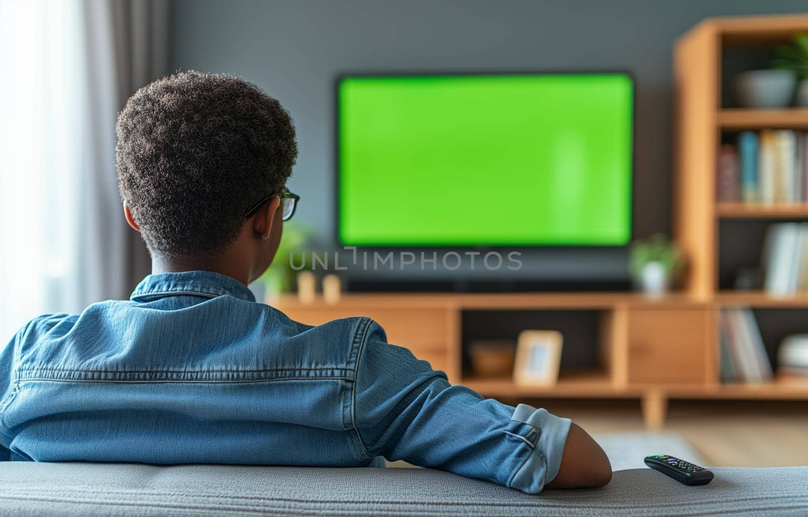 Young man watching green mockup blank screen television at home.