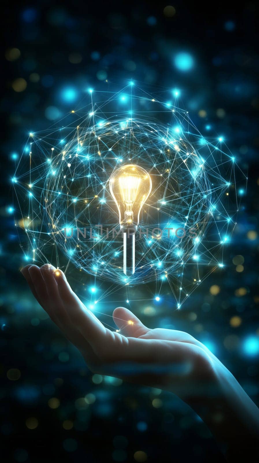 Hand holding a bright light bulb inside a digital network sphere, symbolizing innovation and creativity