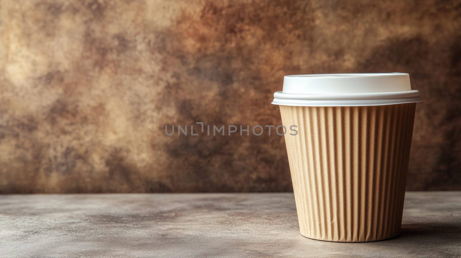 Takeaway ripple-walled paper cup with white plastic lid on a table against a grunge background.