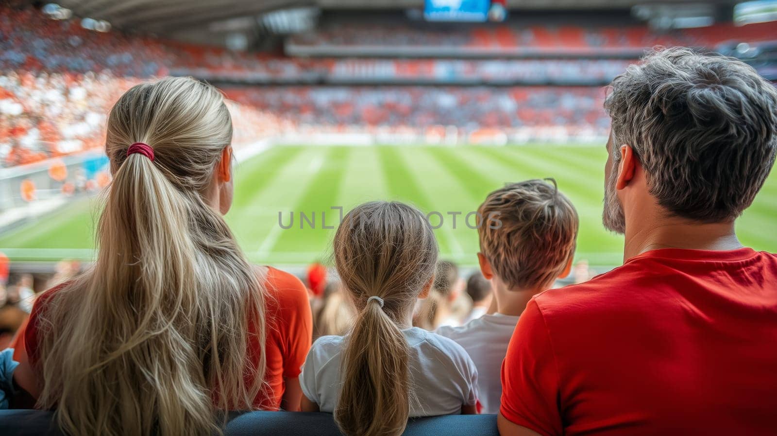 Family enjoying a football match together in a stadium, supporting their team,