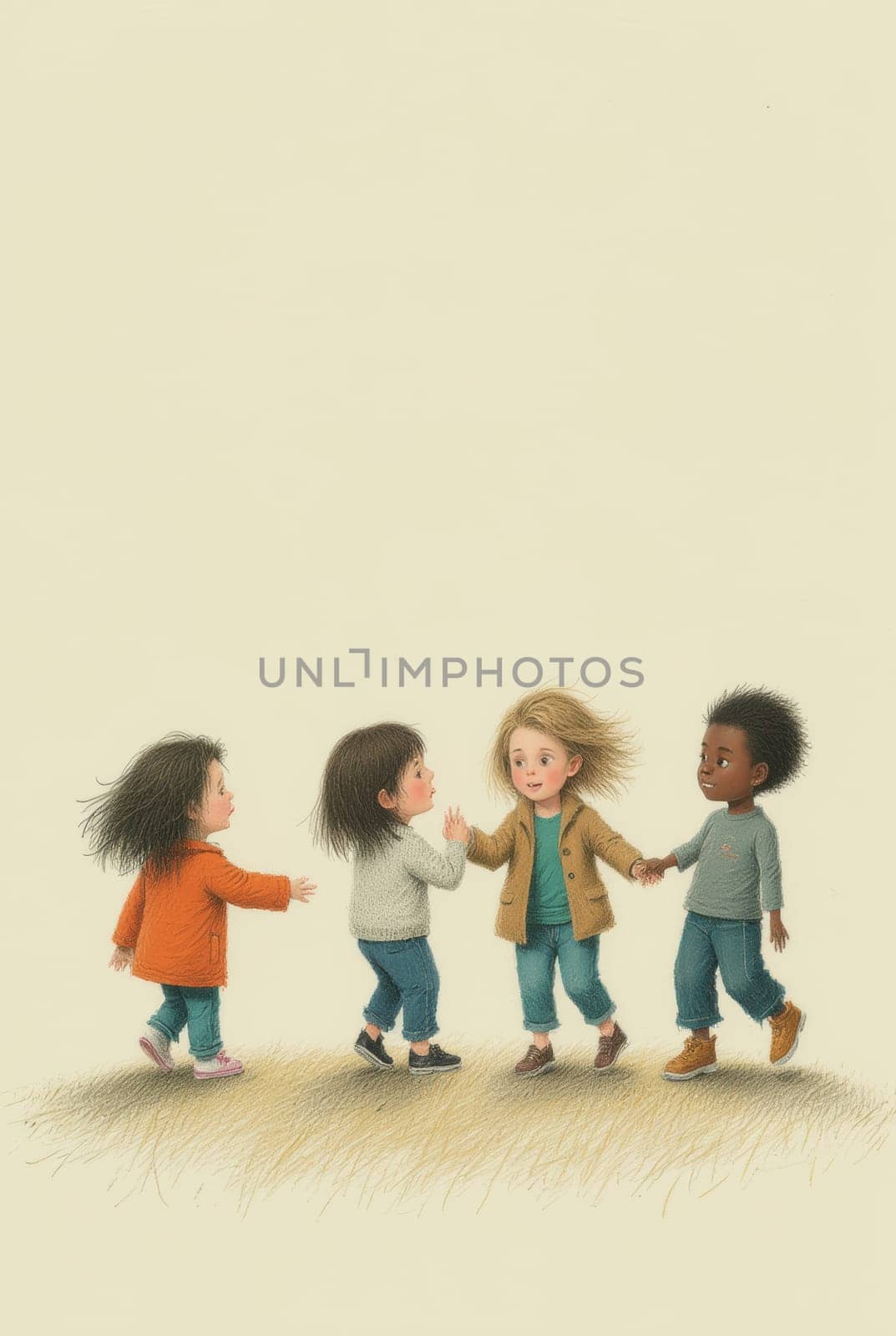 A charming illustration depicts four toddlers, each with unique features, engaging in a playful hand-holding circle. Their joyful expressions suggest a shared experience of friendship and camaraderie.