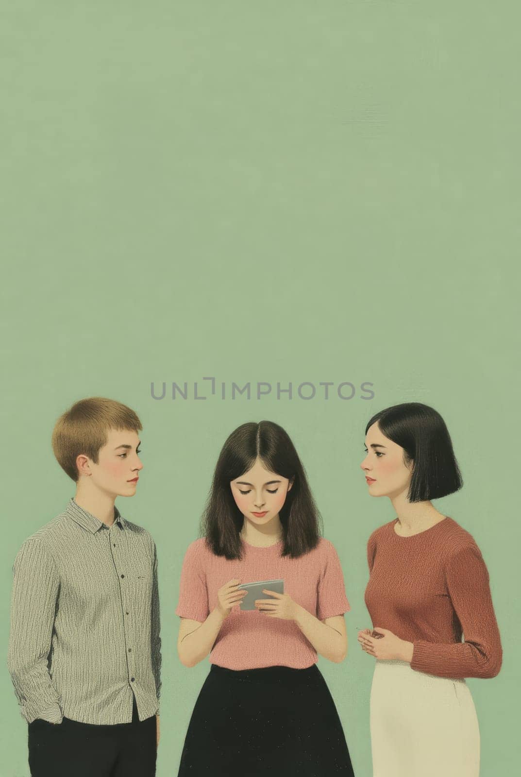 A stylized illustration of three young adults, a boy and two girls. One girl looks at a device, while the others watch. The pale green background enhances the image's calm and contemplative mood.