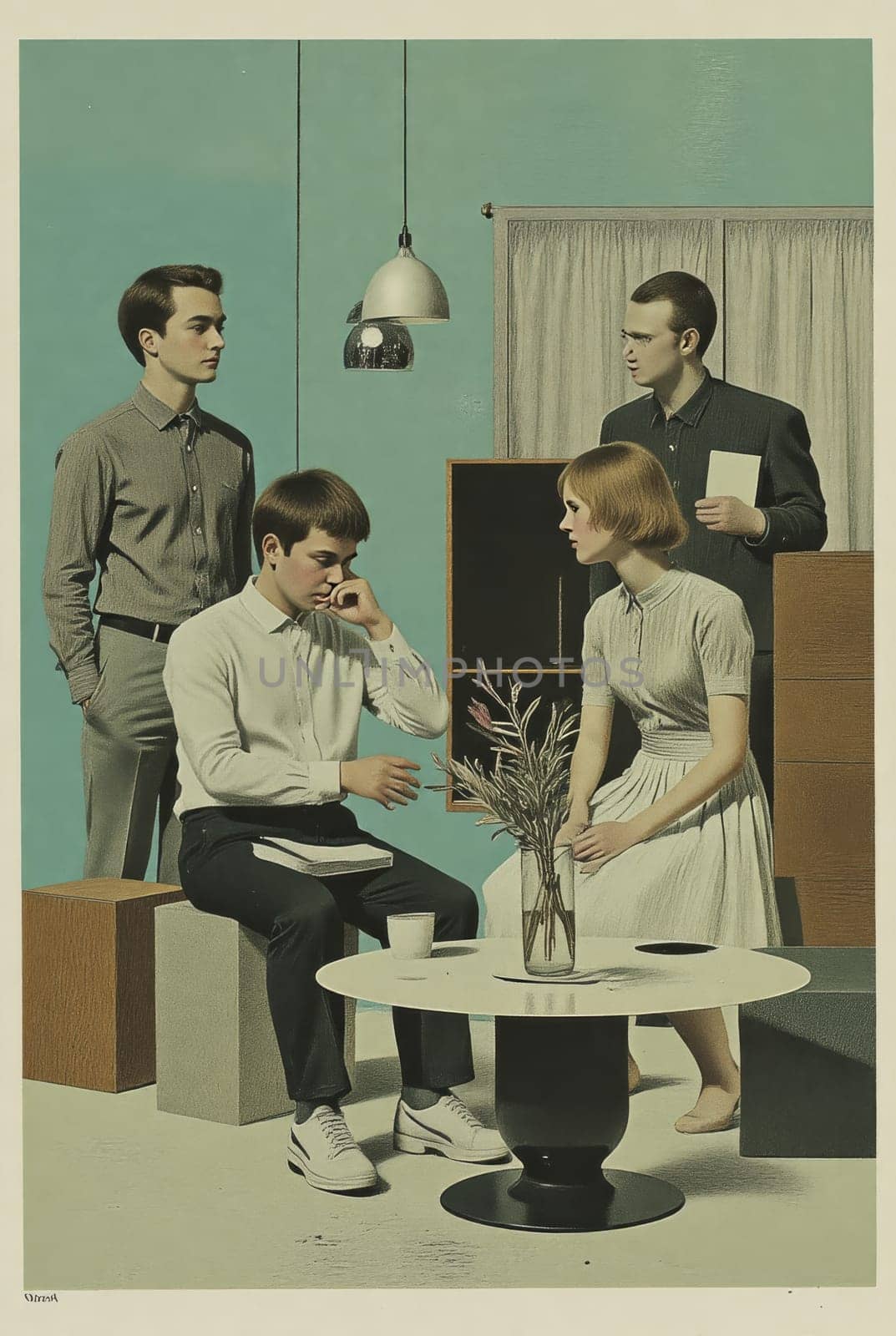 Four young adults, two men and two women, are gathered in a contemporary room. The atmosphere is calm and contemplative as they discuss something of importance.