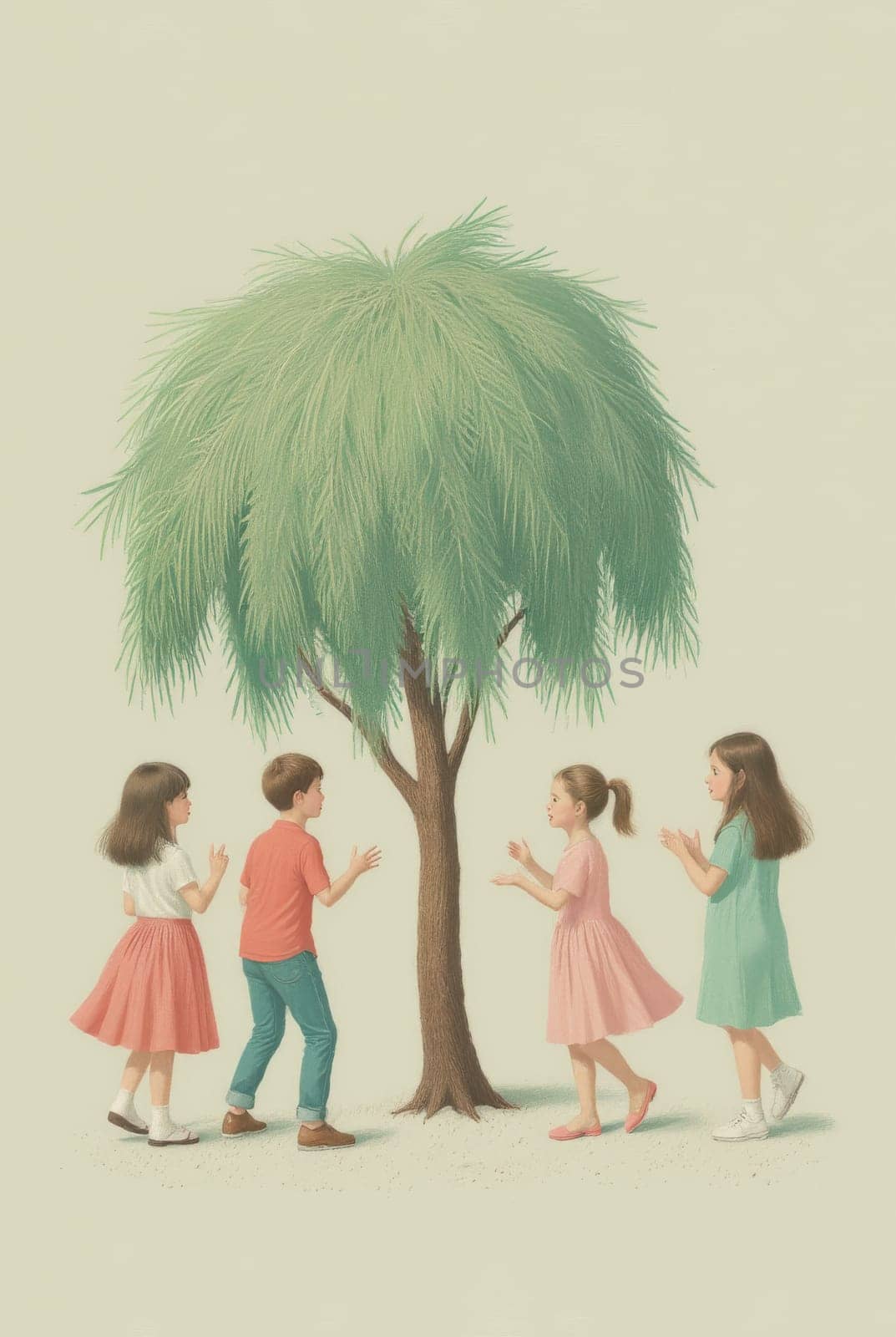 Four children, two girls and two boys, stand around a large tree with weeping branches. They seem to be engaged in some sort of game or conversation.