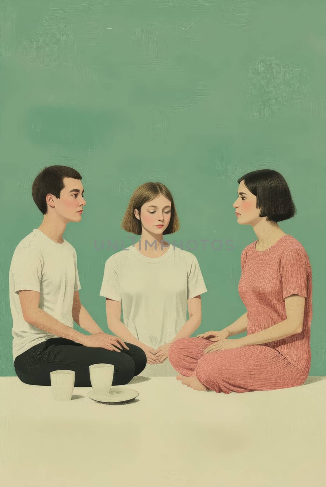 Three individuals, a young man and two young women, sit cross-legged on a pale floor against a muted green background. They appear to be in quiet contemplation or discussion, creating a peaceful and introspective atmosphere.