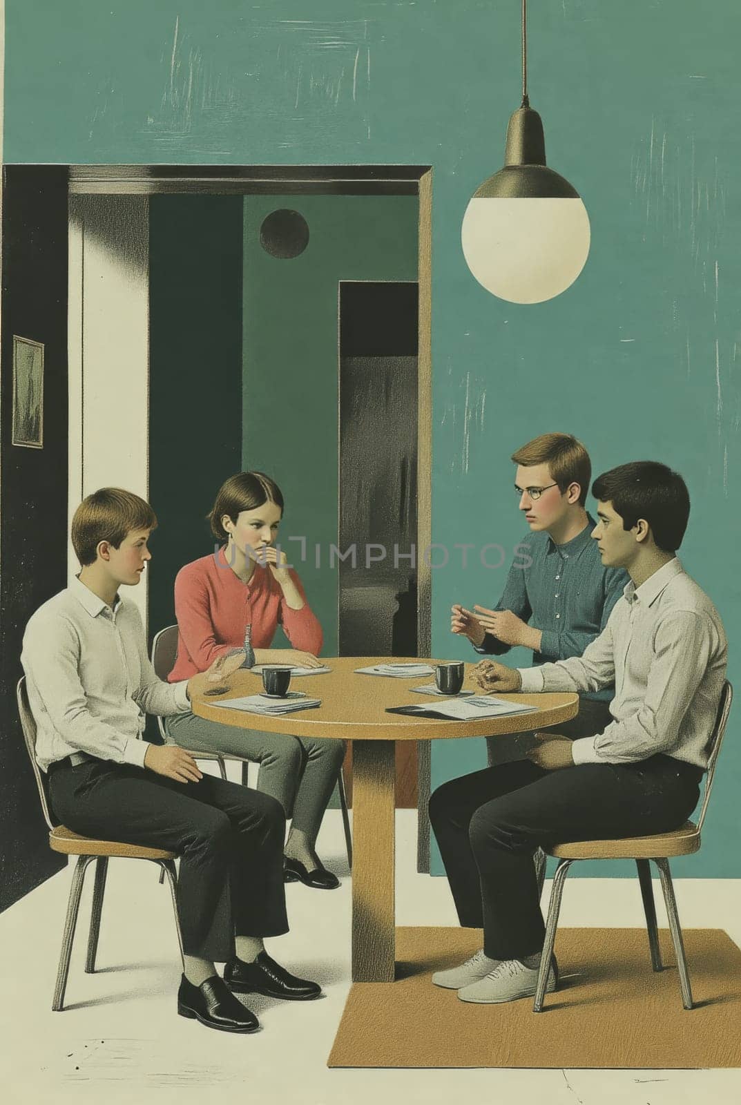 A group of four young people, two men and two women, are seated around a round wooden table in a modern, sparsely decorated room. They appear to be involved in a quiet conversation, maybe a business meeting or a serious discussion. The atmosphere is contemplative and serious.