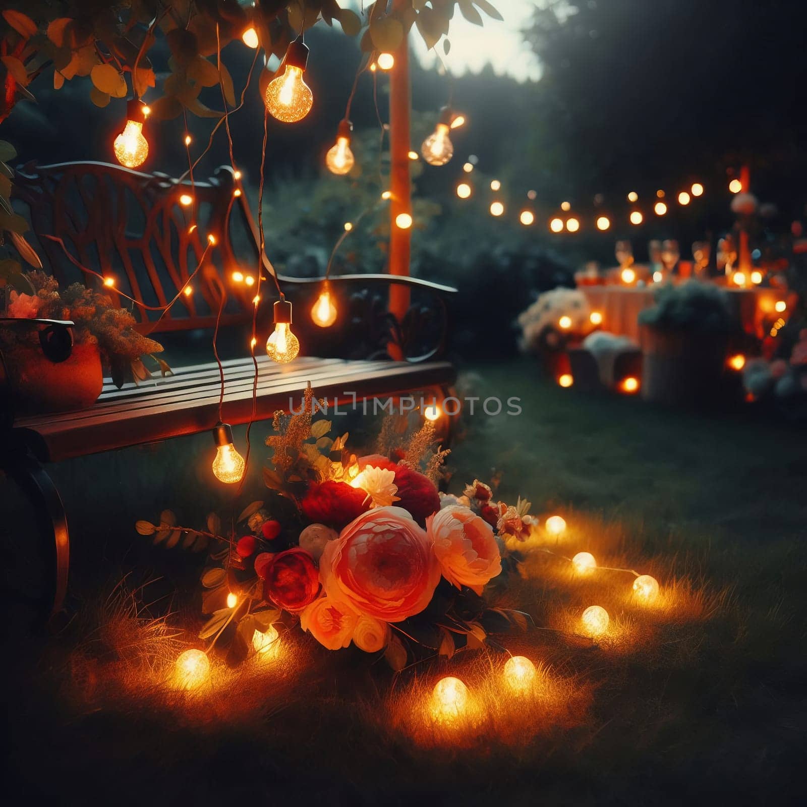 Fairy lights in the garden with garden bench. Lights twinkle from trees, bushes and meadow. Romantic evening atmosphere