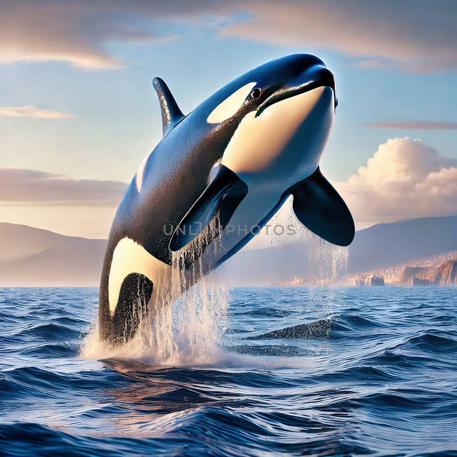 A majestic orca leaps out of the water against an impressive backdrop of waves and blue sky.
