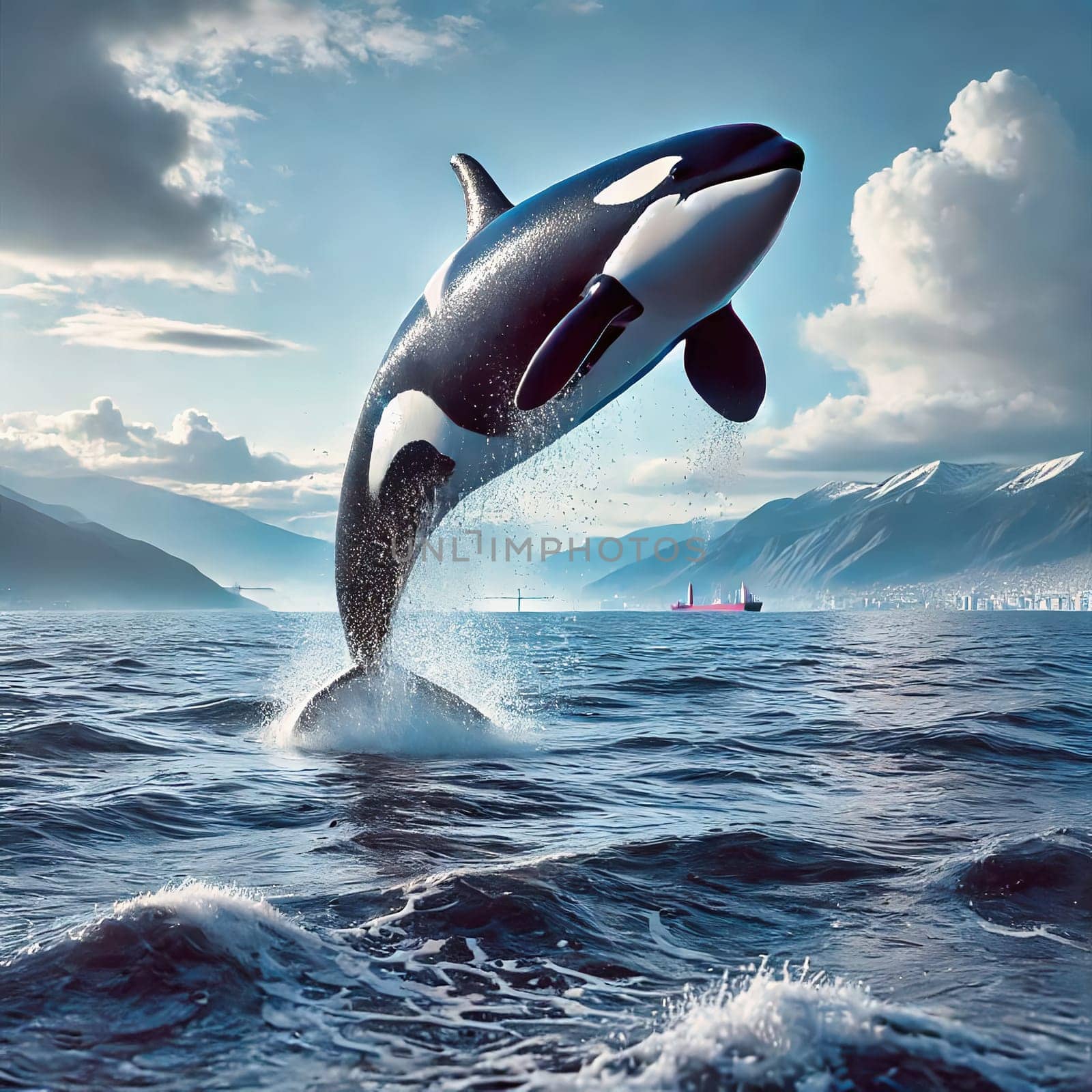 A majestic orca leaps out of the water against an impressive backdrop of waves and blue sky.