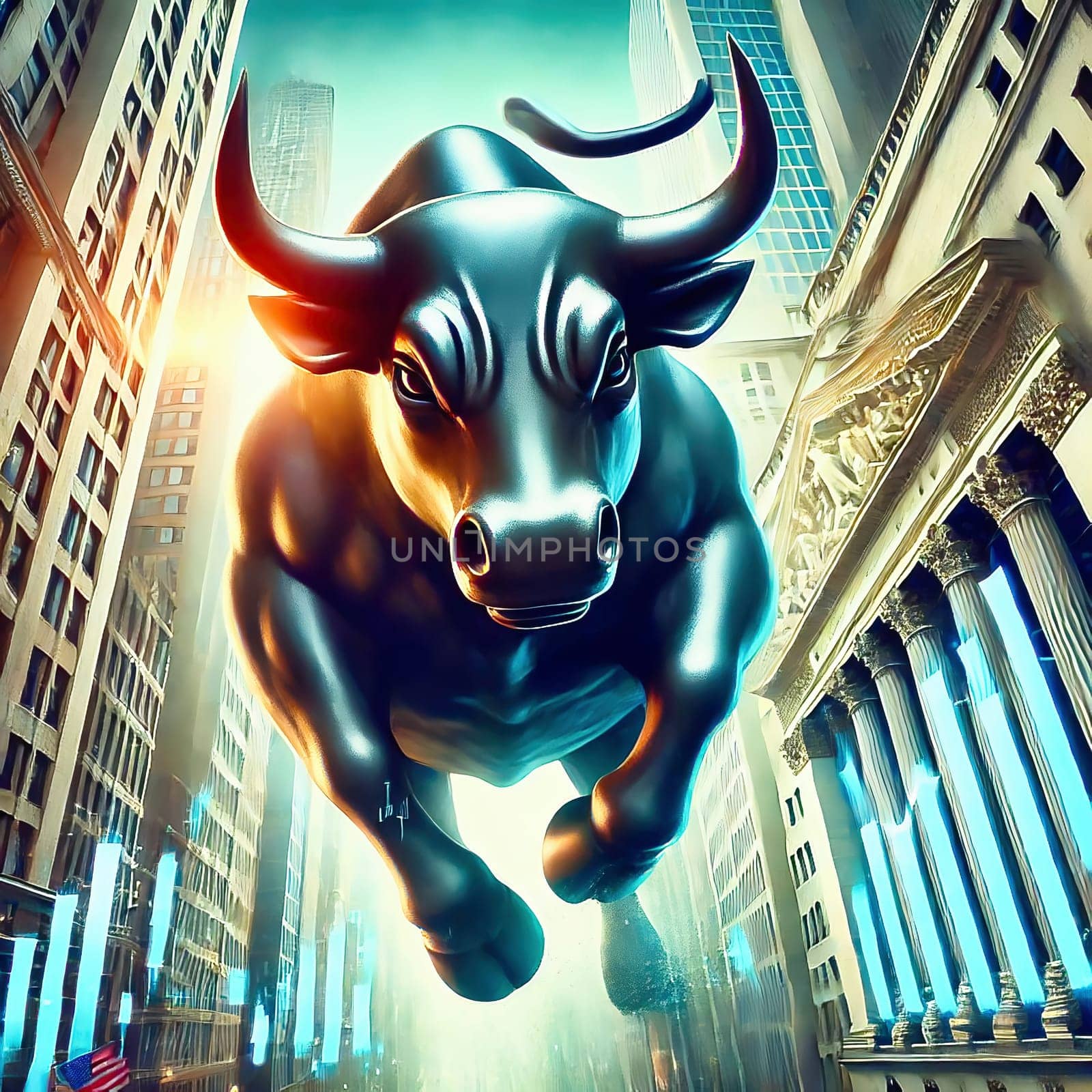 An imposing bull in the middle of an urban street scene, flanked by skyscrapers, symbolizes strength and financial power.