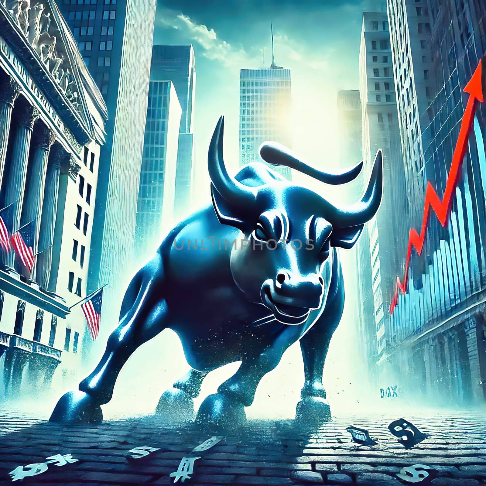 An imposing bull in the middle of an urban street scene, flanked by skyscrapers, symbolizes strength and financial power.