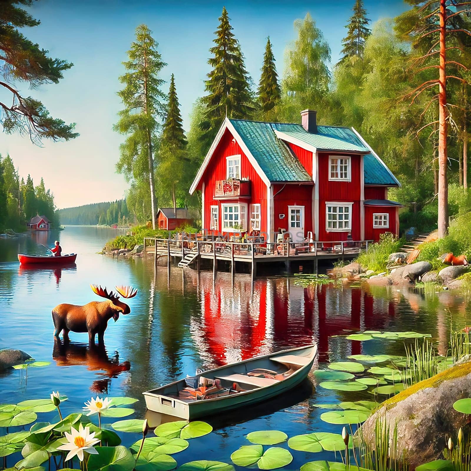 A red wooden house on a lake in Sweden with a moose standing in the water and a boat with an angler, surrounded by green nature, water lilies and trees, reflects Scandinavian tranquility, harmony and rural idyll.