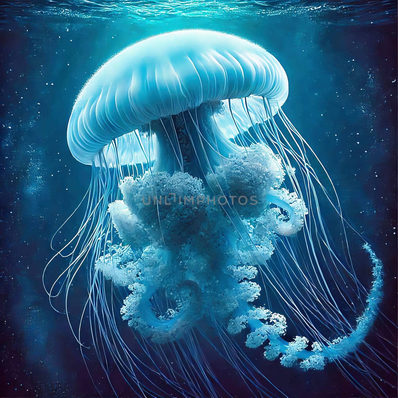 Glowing jellyfish in deep blue water, surrounded by delicate tentacles and shimmering light reflections, symbolizes the beauty and mysticism of the underwater world.