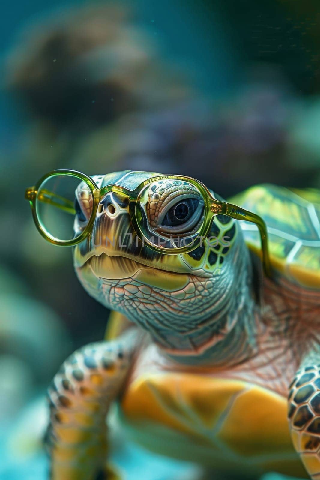 Cute little green turtle with glasses, Generative AI, animals