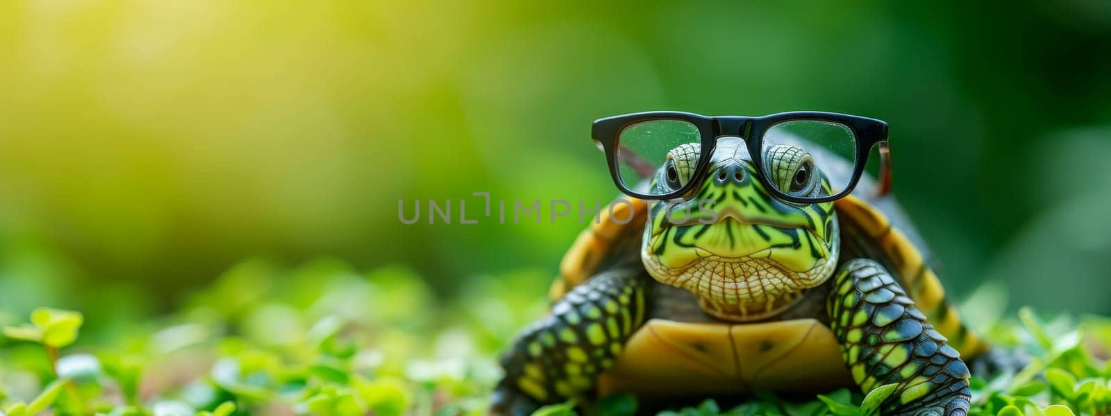 Cute little green turtle with glasses, Generative AI, animals
