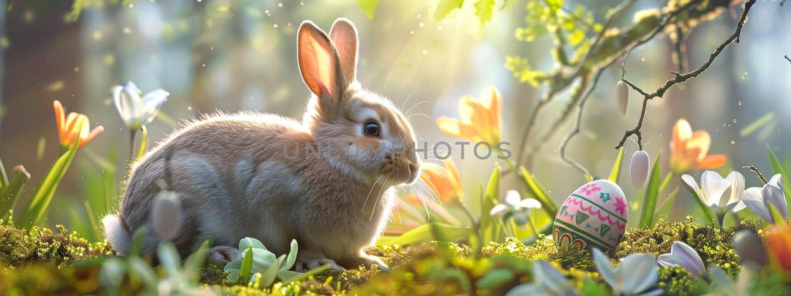 Easter Little bunny and colored eggs on the ground, Generative AI, holidays