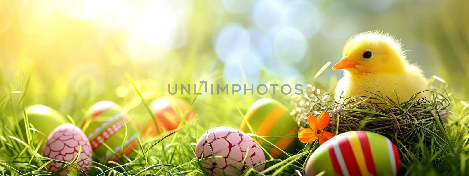 Easter Little bunny and colored eggs on the ground, Generative AI, holidays