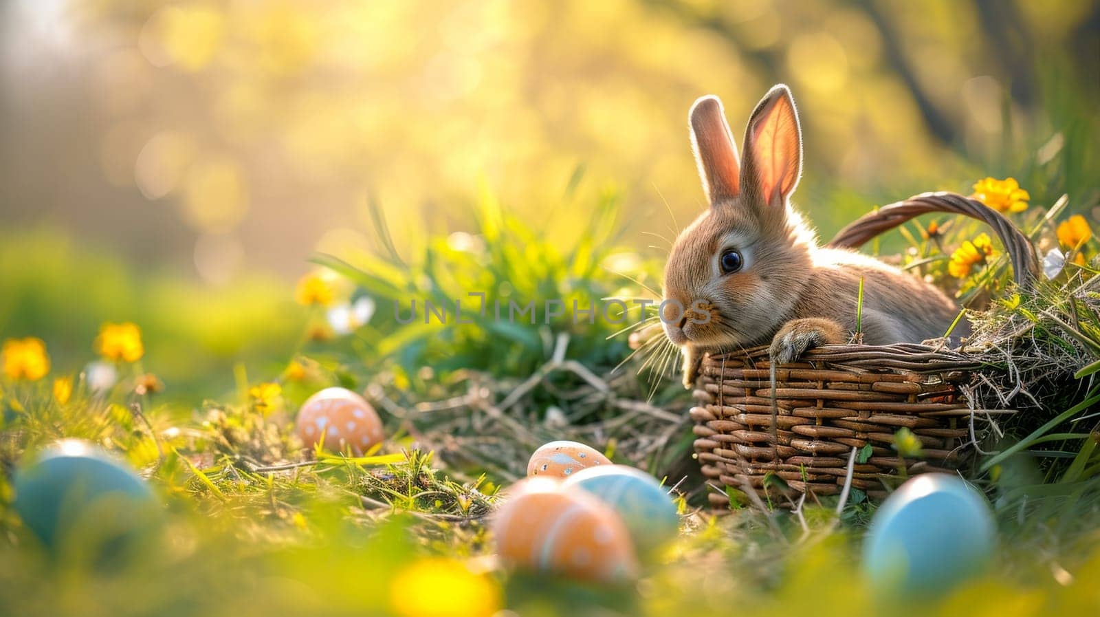 Easter Little bunny and colored eggs on the ground, Generative AI, holidays