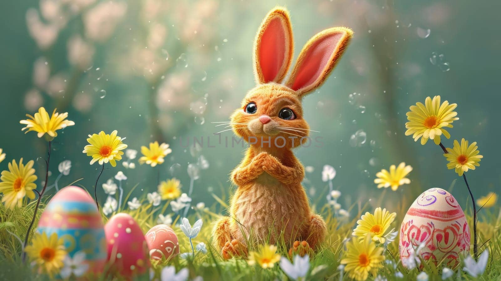 Easter Little bunny and colored eggs on the ground, Generative AI, holidays