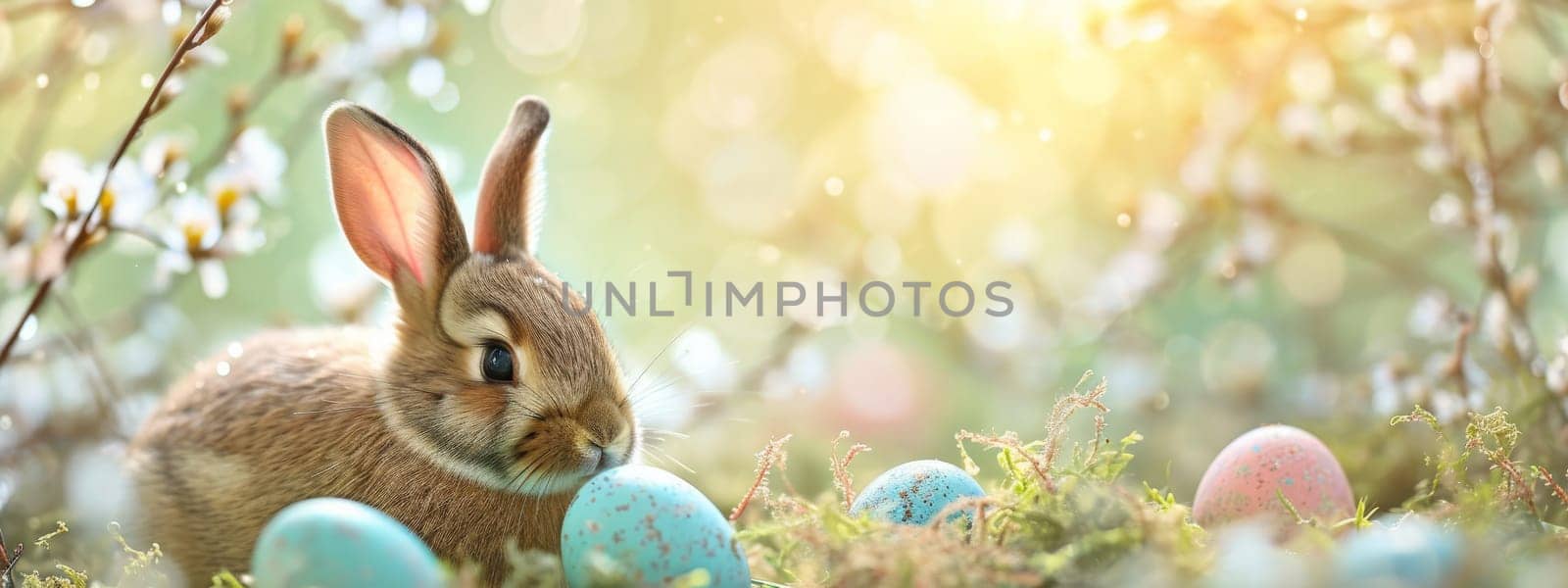 Easter Little bunny and colored eggs on the ground, Generative AI, holidays