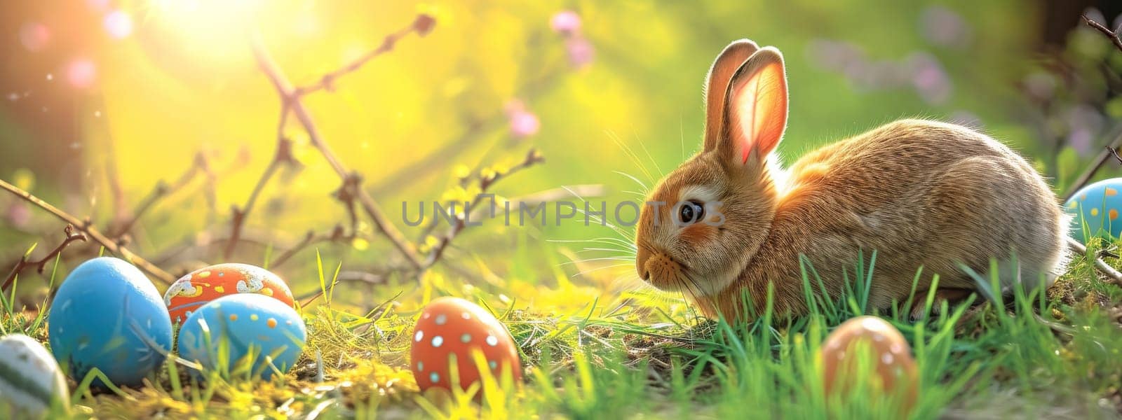 Easter Little bunny and colored eggs on the ground, Generative AI, holidays