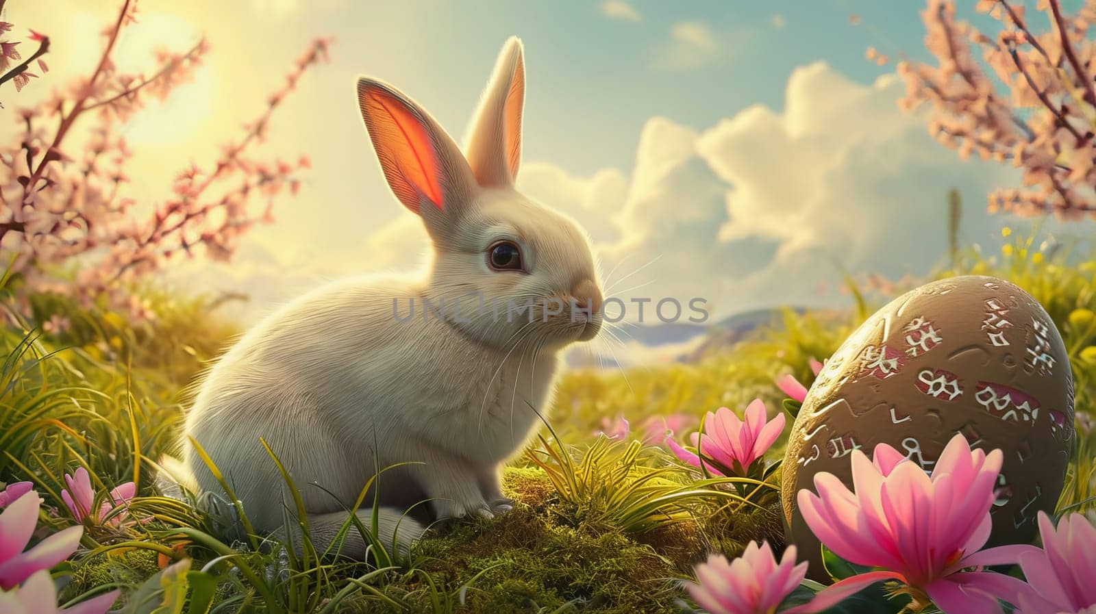 Easter Little bunny and colored eggs on the ground, Generative AI, holidays