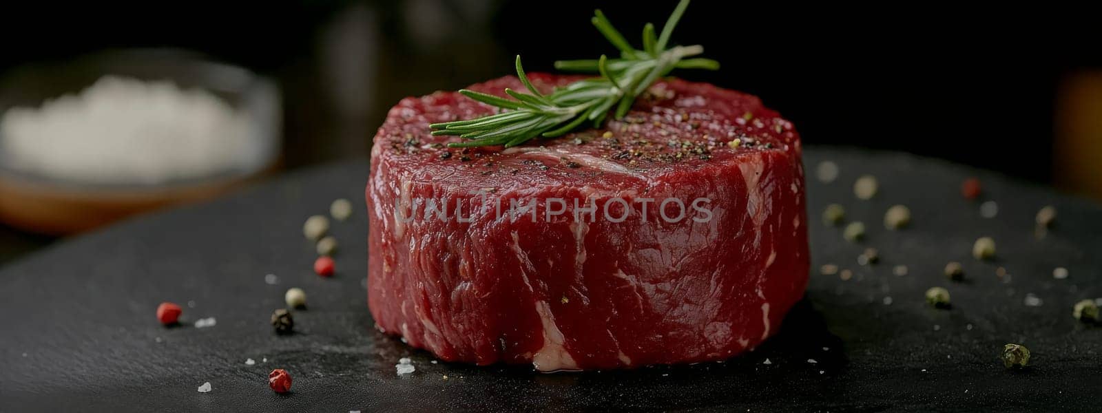 Raw pork meat on a wooden board with rosemary, Generative AI, food