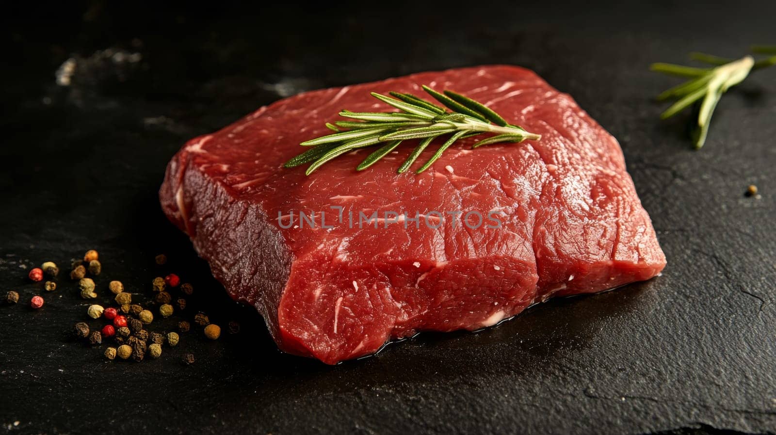 Raw pork meat on a wooden board with rosemary, Generative AI, food