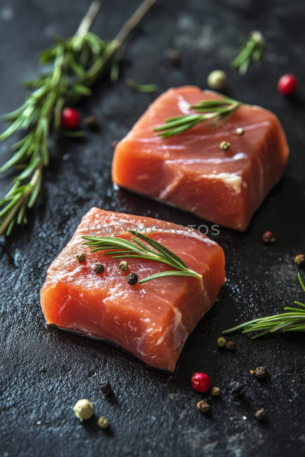 Raw pork meat on a wooden board with rosemary, Generative AI, food