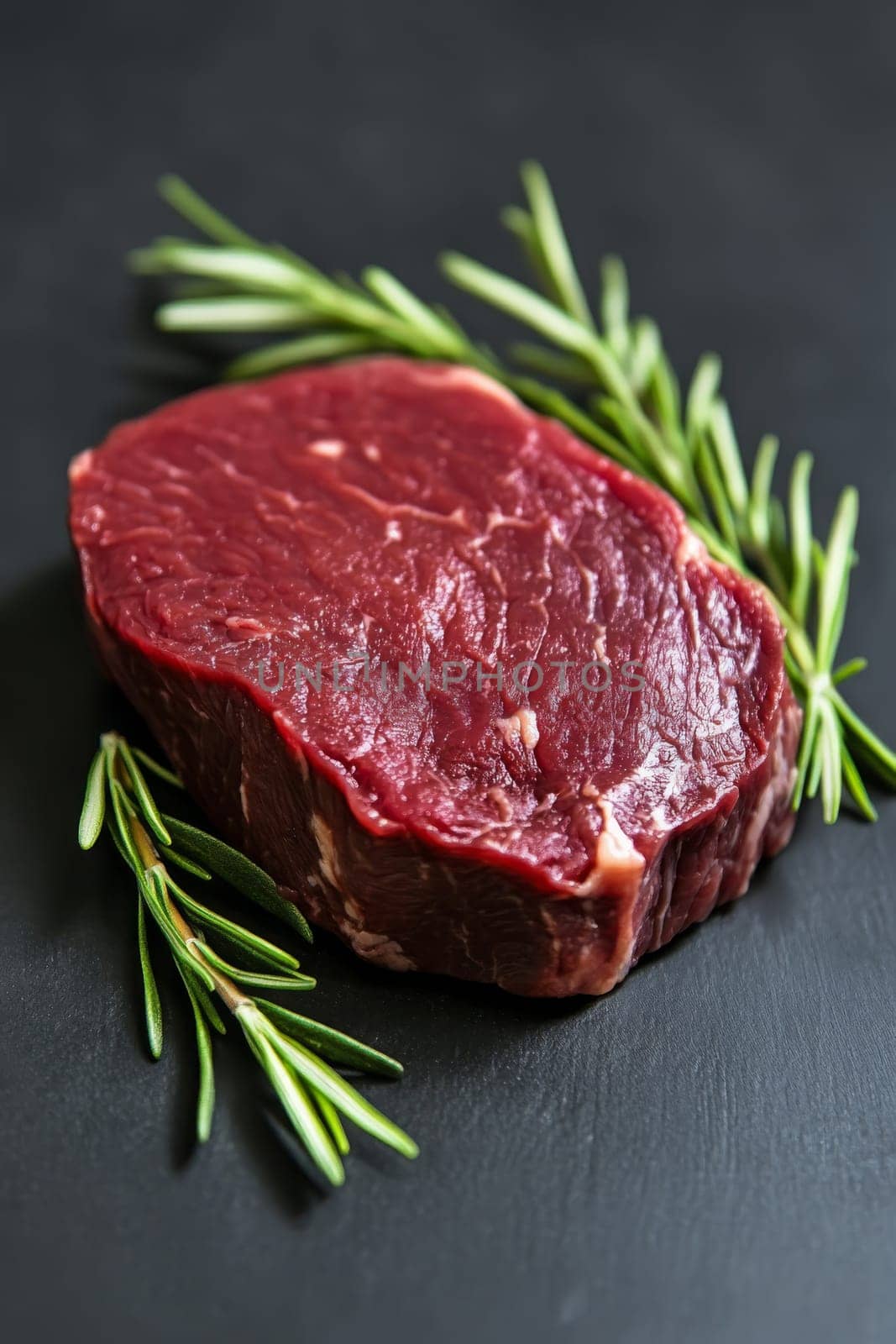 Raw pork meat on a wooden board with rosemary, Generative AI, food
