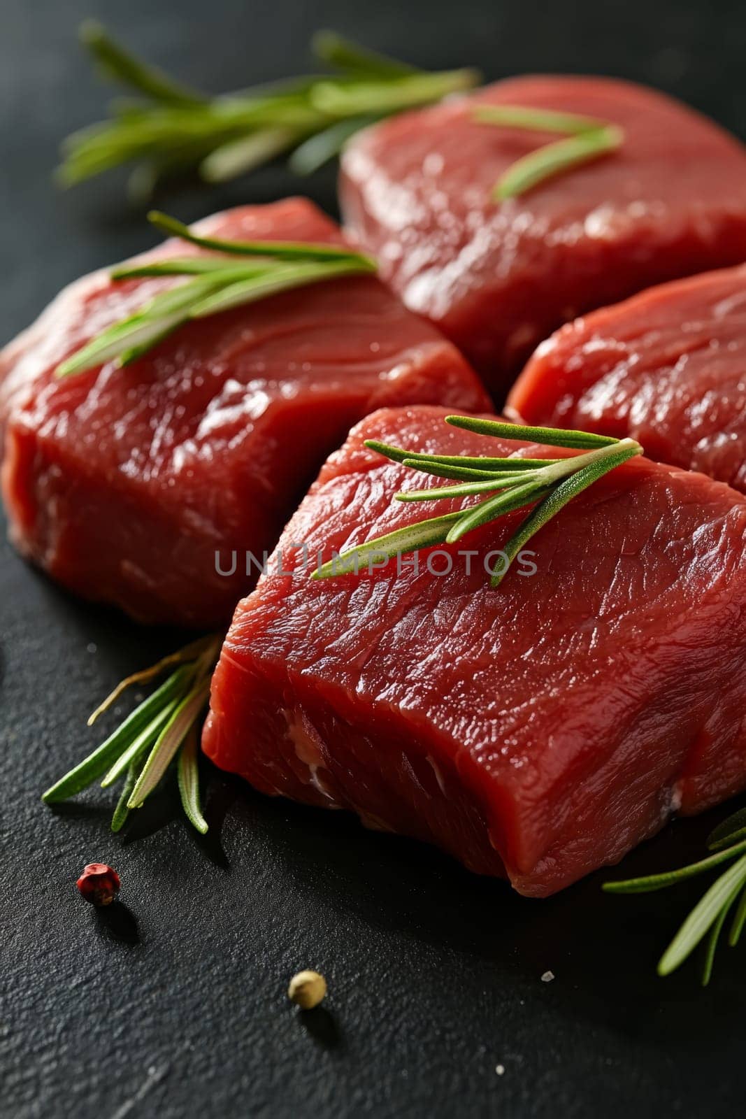 Raw pork meat on a wooden board with rosemary, Generative AI, food