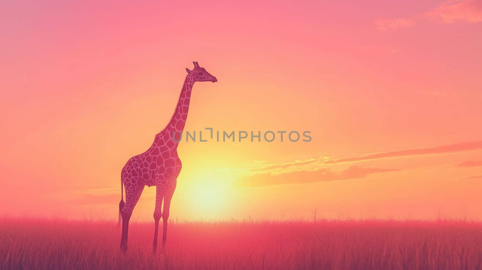 Giraffe silhouette in the savanna at sunset with a pink sky