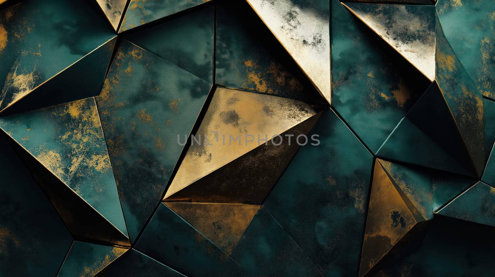 Abstract dark geometric metallic texture with golden highlights, creating a modern and elegant design