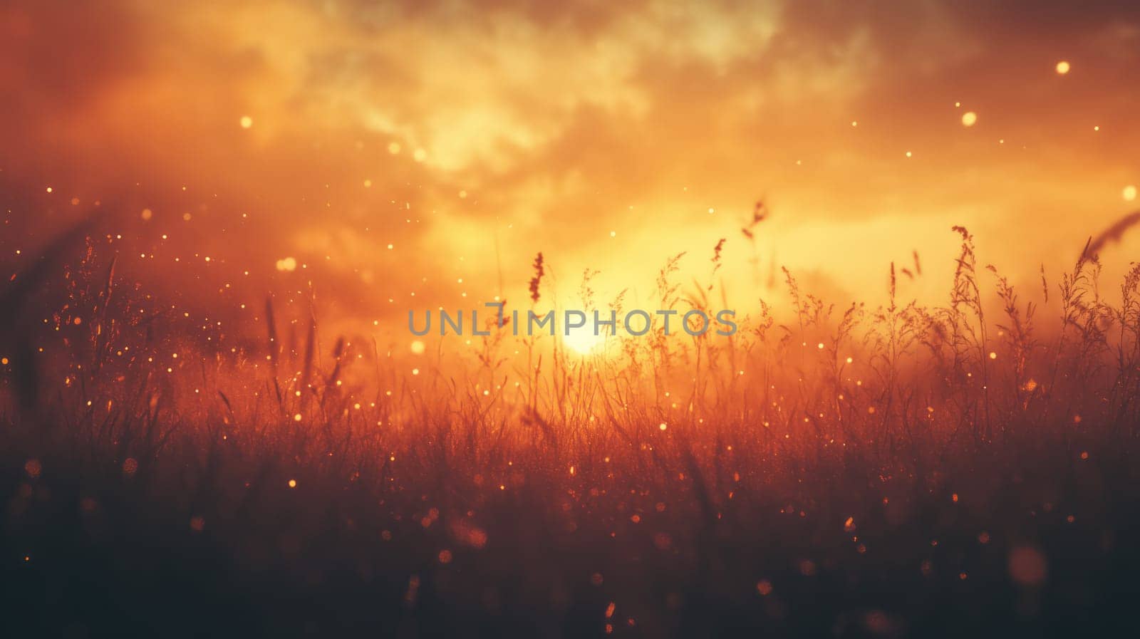 Magical sunset in a grassy field with bokeh light effects