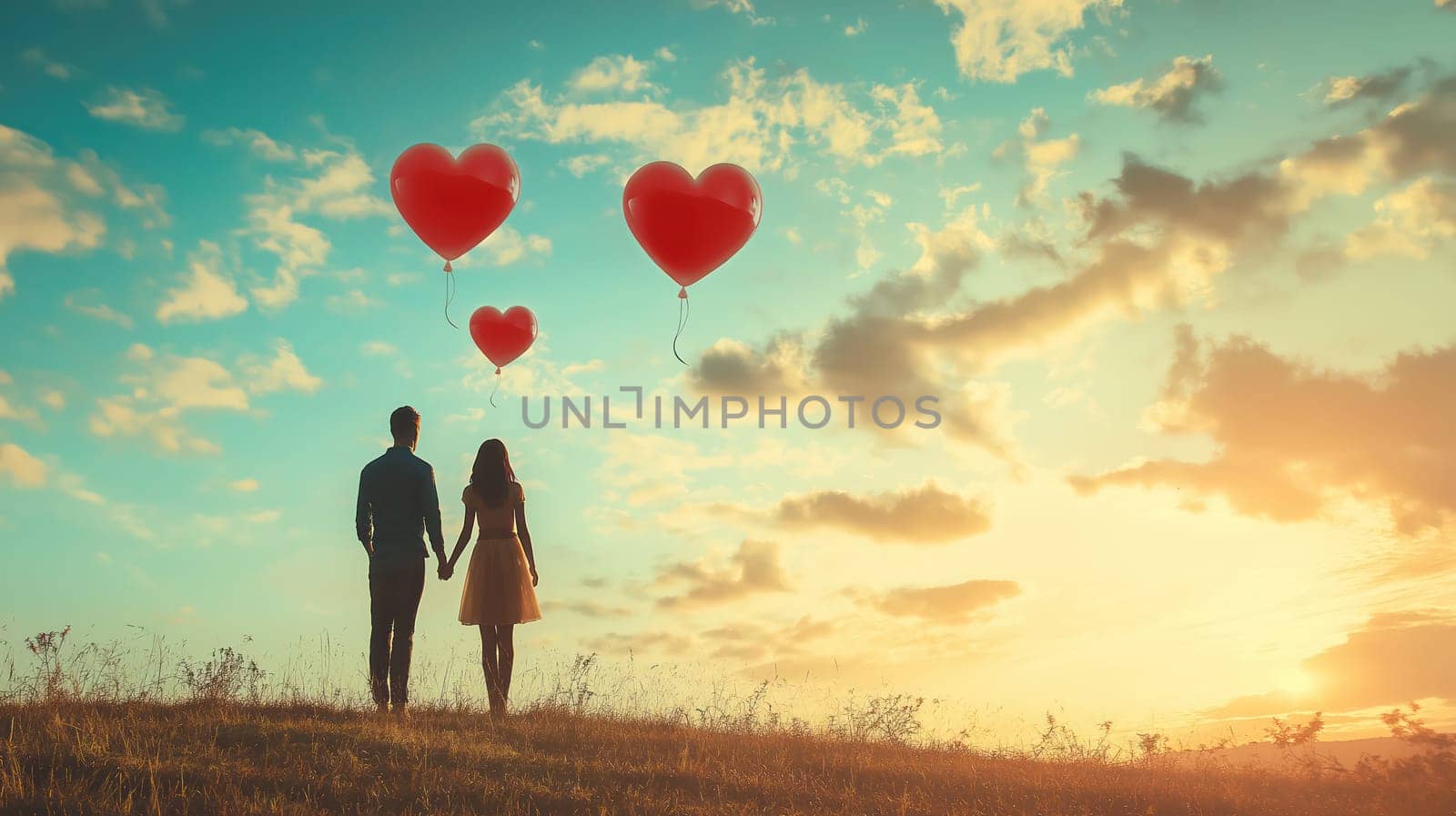 Romantic couple holding hands under the sunset sky with red heart-shaped balloons floating in the air