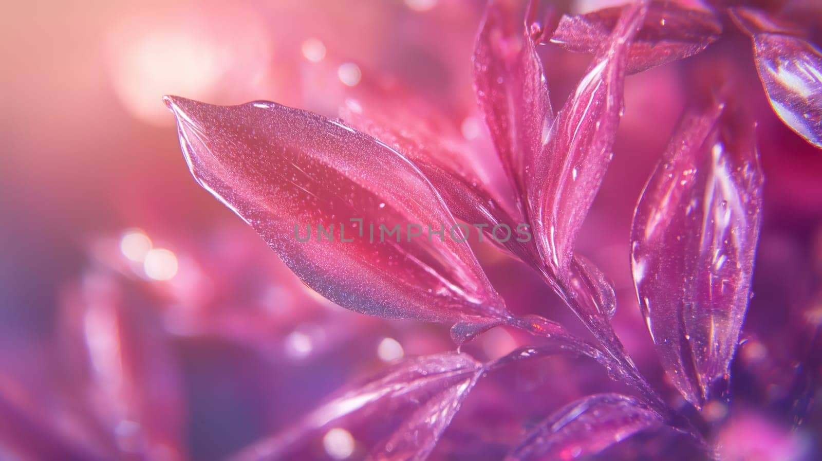 Closeup macro shot of pink leaves with dreamy bokeh background, soft light, and sparkling details