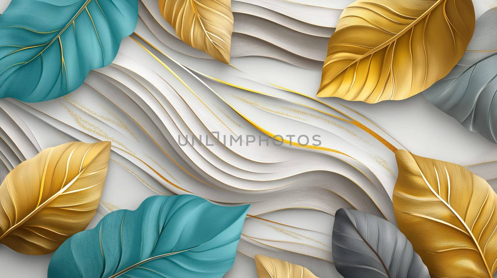 Elegant abstract composition with golden and turquoise leaves on a textured wavy background design