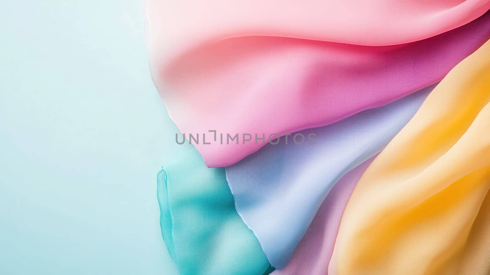 Soft pastel silk fabric in pink, yellow, and blue tones, flowing gently and creating a smooth abstract pattern