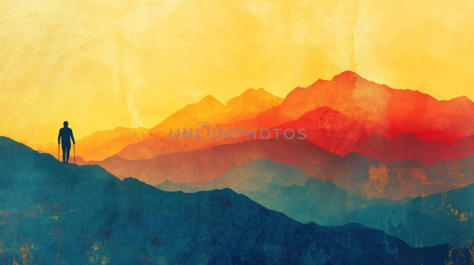 Abstract grunge artwork of a hiker silhouette with colorful mountain layers at sunset