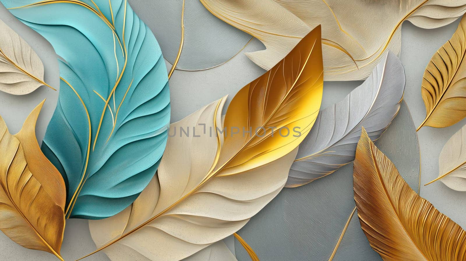 Elegant abstract composition with golden and turquoise leaves on a textured wavy background design