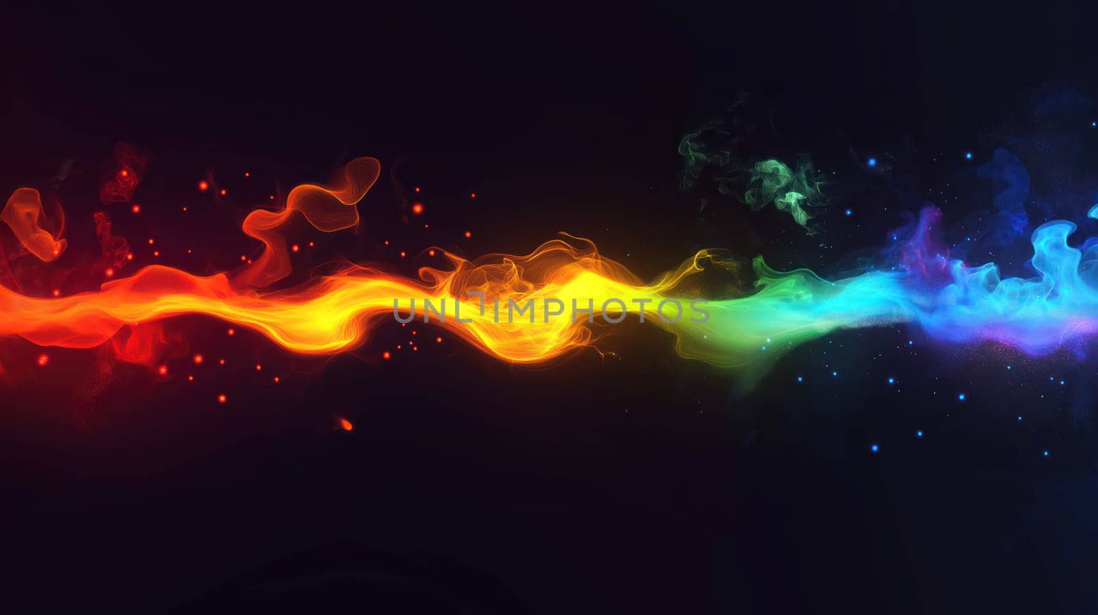 Vibrant colorful flames and laser streaks glowing on a black background, abstract and dynamic energy