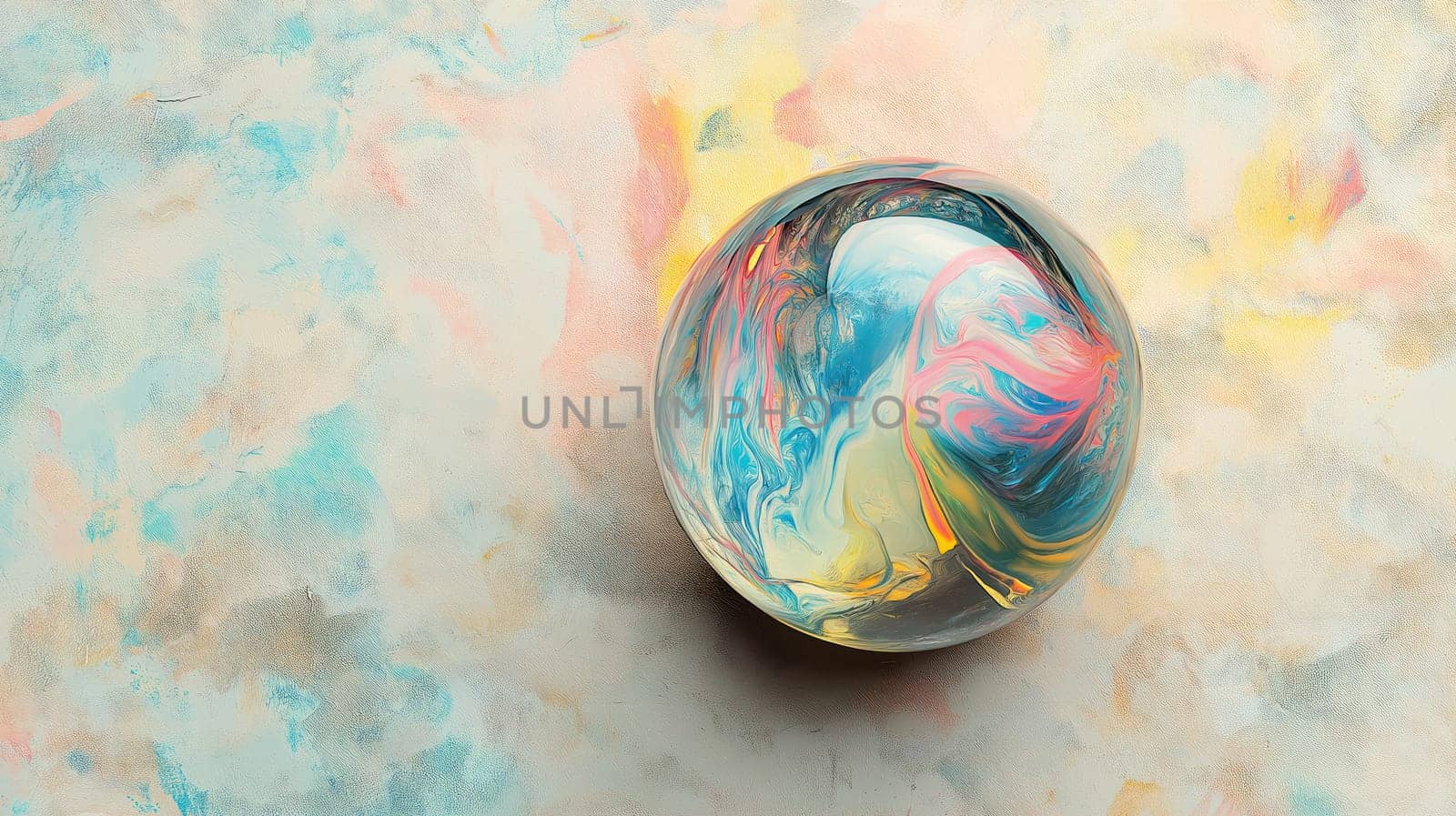Abstract colorful paint sphere on a light grunge pastel background with vibrant swirling patterns.