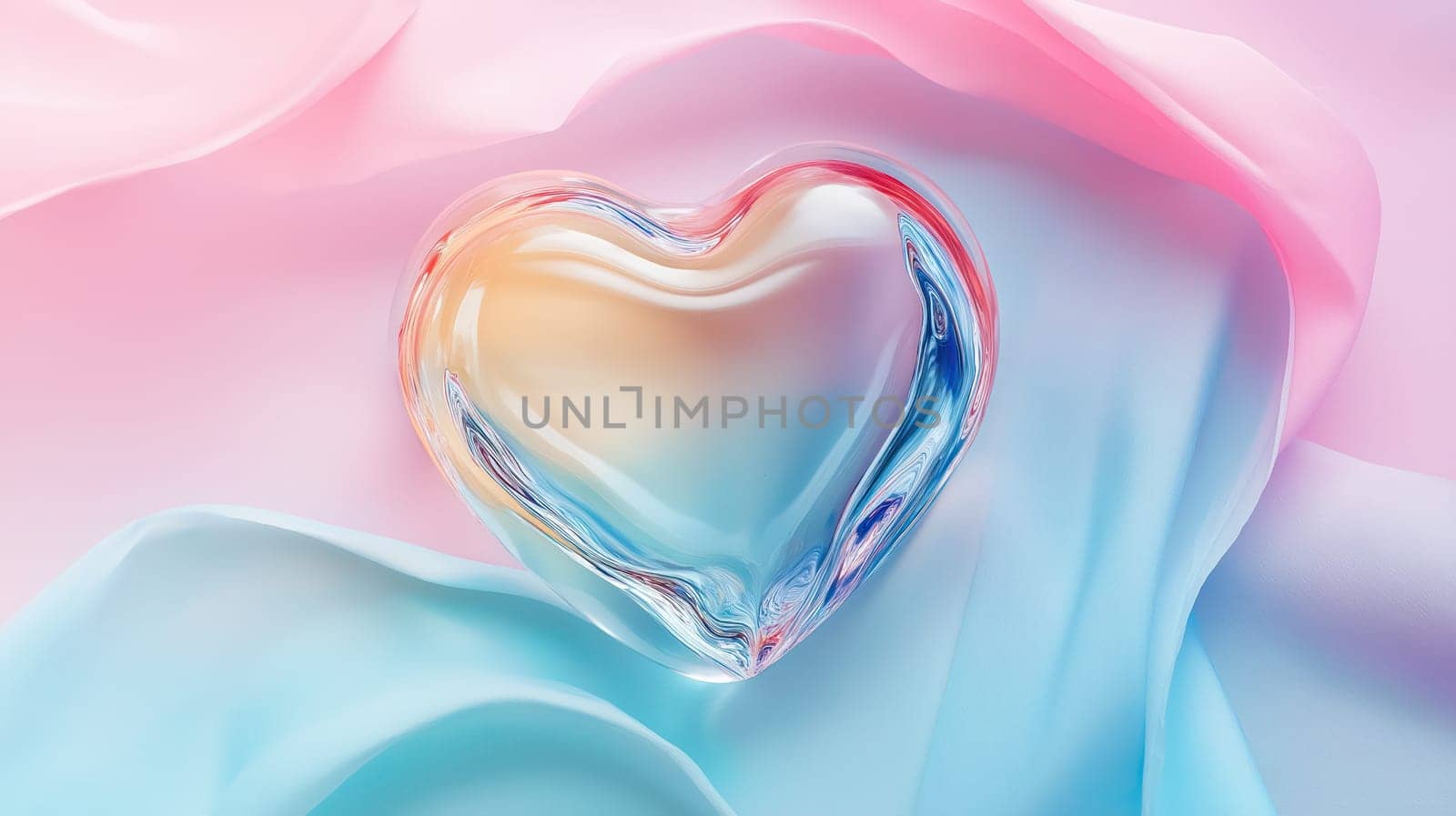 Glass heart on pastel gradient silk fabric background, symbolizing love, romance, and elegance